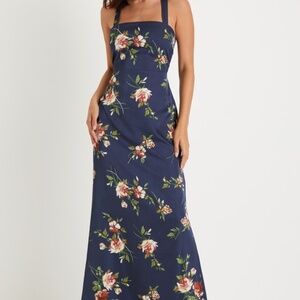 Lulus Blooming So Sweetly Navy Blue Floral Satin Lace-up Maxi Dress - Size XS